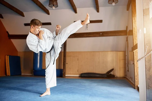 Cinturón negro karate entrenamiento de combate patada de altura —  Fotos de Stock