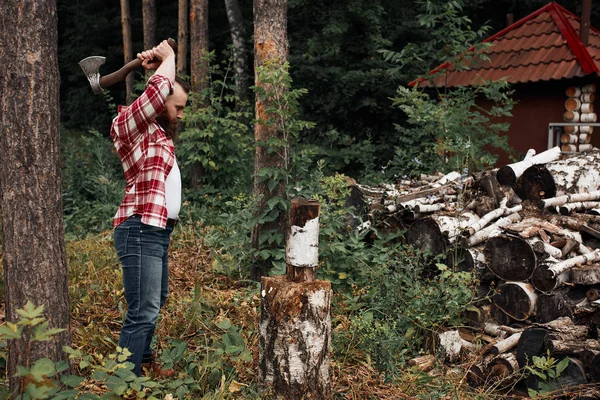 Подрібнювач деревини в сорочці дрова, чіпси розлітаються — стокове фото