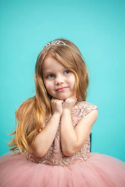 Retrato de adorable niña de 4 años en vestido de princesa rosa isol —  Fotos de Stock