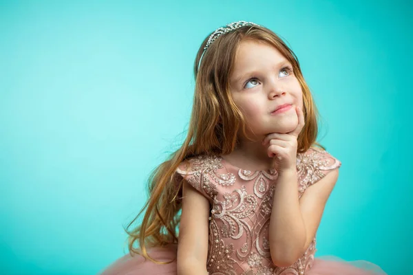 Retrato de adorable niña de 4 años en vestido de princesa rosa aislado sobre azul —  Fotos de Stock