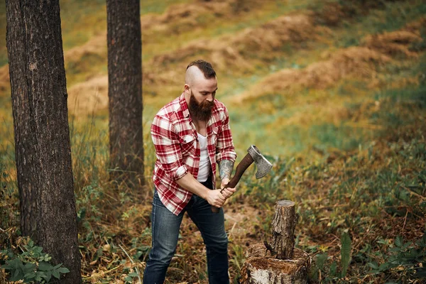 Träskärare i skjortan hugger ved, flis flyger isär — Stockfoto