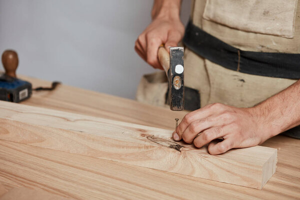 The carpenter hammering down a nail to wooden plank, making a furniture.