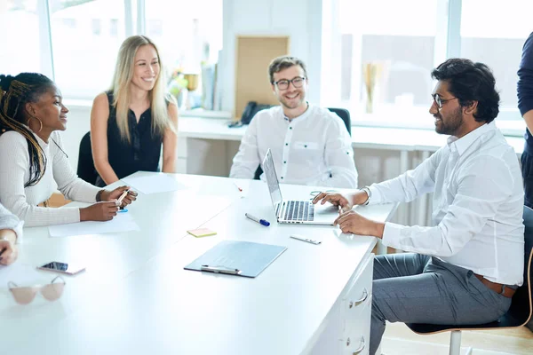 Positive ambitious office workers having fun at workplace — Stock Photo, Image