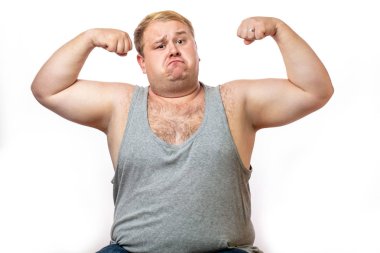 Funny overweight sports man flexing his muscle isolated on white background clipart