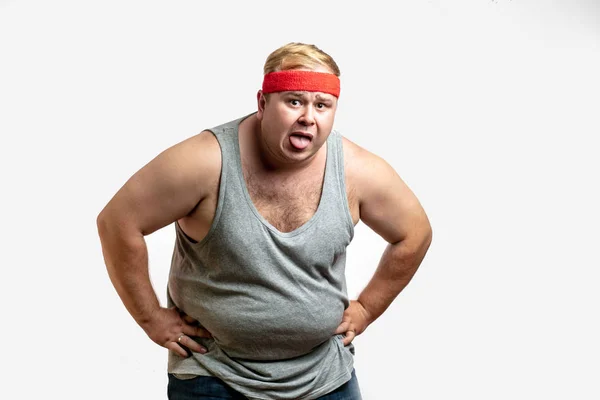 Homme Non Sportif Obèse Pendant Séance Entraînement Reposant Épuisé Prenant — Photo