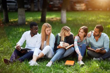 Karışık ırk grup birlikte üniversite kampüsü yeşil çimenlerin üzerine oturmuş öğrenci