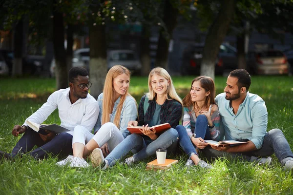 Grupo mixto de estudiantes sentados juntos en el césped verde del campus universitario — Foto de Stock