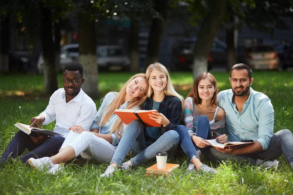 Grupo misto de estudantes sentados juntos no gramado verde do campus universitário — Fotografia de Stock