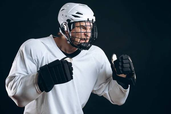 Retrato del jugador de hockey sobre hielo parado en posición defensiva de boxeo. —  Fotos de Stock