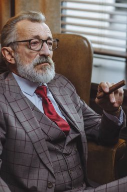 Sakin konsantre olgun erkek architector greyhaired sakal yasaktır puro pencerenin yanında rahat kanepe üzerinde dinlenme süre ile portresi. Lüks ve zevk Olgun Yaş kavramı