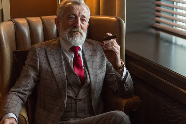 Serene konsantre yetişkin erkek mimar gri saçlı sakallı puro içiyor.