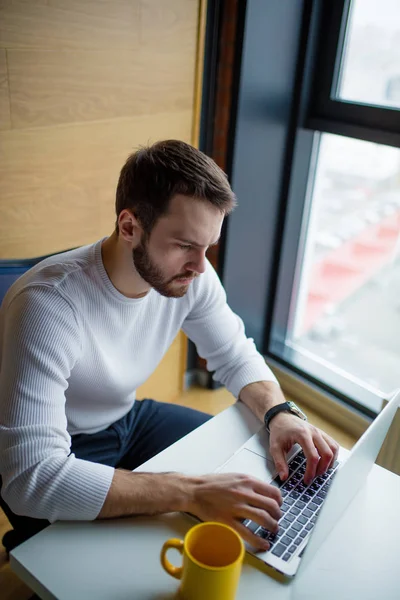 Bebaarde jonge zakenman in witte pullover werkt op computer. — Stockfoto