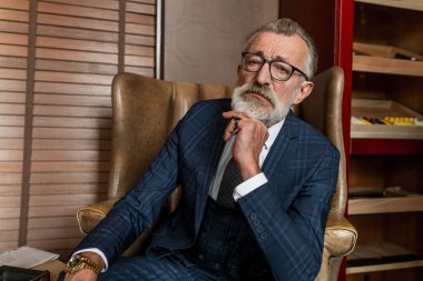 Resmi takım elbiseli yaşlı işadamı, lüks bir yerde viski ve puro içiyor.