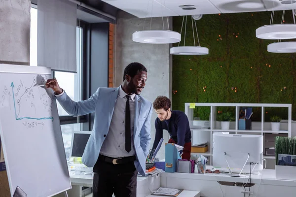 Young black man presenting an office meeting at a flip chart.