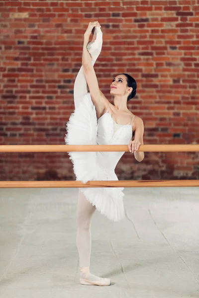 Элегантная молодая улыбающаяся женщина в пачке, растягивающая ноги в танцевальном классе — стоковое фото