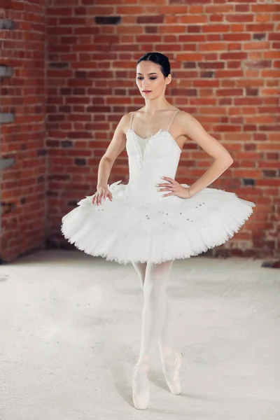 Серйозна розкішна танцівниця балету, дивлячись вниз, стоячи на пальцях — стокове фото
