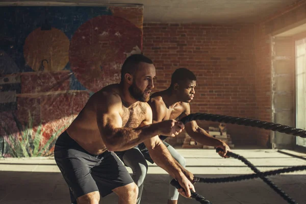 Dos deportistas de pecho desnudos multiétnicos haciendo ejercicio con cuerdas de batalla en el gimnasio . — Foto de Stock