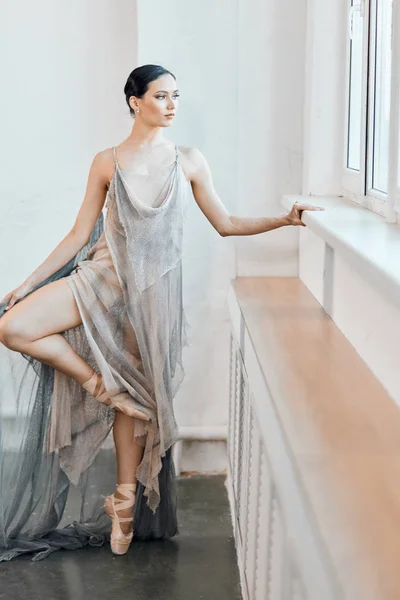 Beautiful ballet dancer with floating fabric standing in position near window
