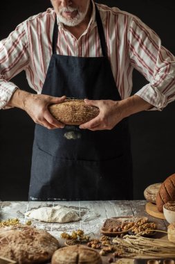 Tanınmayan baker taze pişmiş rustik organik somun ekmek elinde tutan