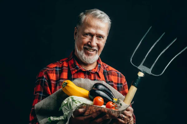 Velho feliz com um repolho, tomates, uma beringela, abóbora — Fotografia de Stock