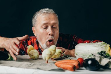 tavuk ile oynayan yaşlı duygusal çiftçi