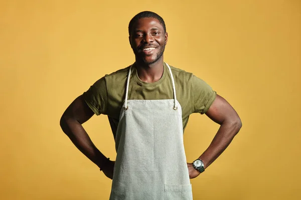 Happy African gardener in apron Isolated on yellow bakground