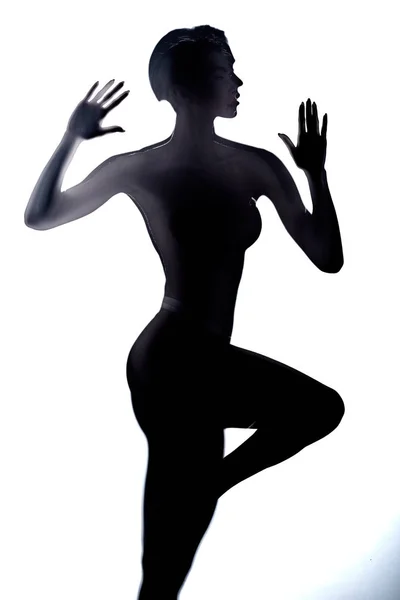 Black silhouette of slim model standing behind the glass — Stock Photo, Image