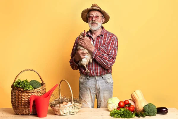 Jardineiro maduro de pé com galinha atrás do balcão com legumes frescos — Fotografia de Stock