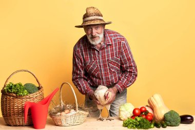 Dostu yaşlı adam organik sebze ve yumurta ile çiftçi pazarında geldi