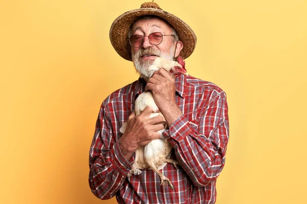 Granjero macho de pelo gris con sombrero de paja, abraza con amor a su gallina — Foto de Stock