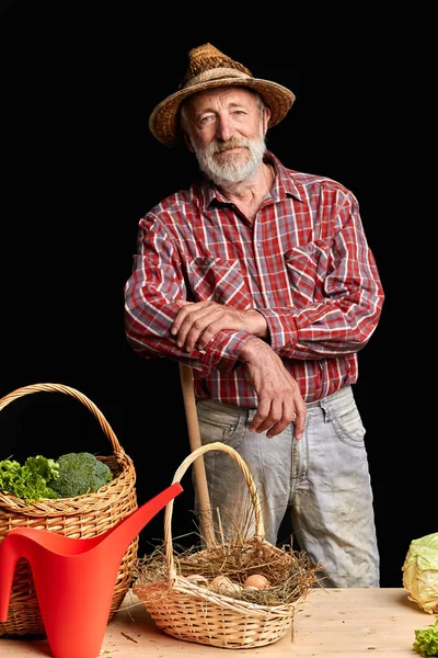 Antiguo granjero local recogió verduras frescas y huevos en casa, sintiéndose agotado — Foto de Stock