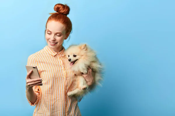 Ευτυχισμένος όμορφη γυναίκα σε ριγέ κομψό πουκάμισο αγοράζοντας φαγητό σε απευθείας σύνδεση για το κατοικίδιο ζώο της — Φωτογραφία Αρχείου