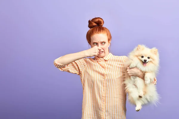 Сердитая расстроенная девушка держит вонючую собаку — стоковое фото