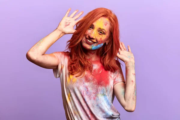 Crazy ginger girl showing her palms — Stock Photo, Image