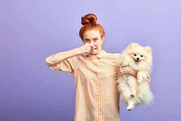 Дівчина тримає смердючого бродячого собаку — стокове фото