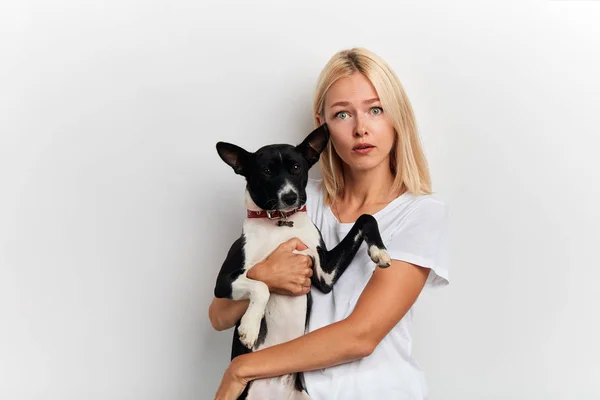 Налякана шокована жінка несе милого собаку, одягненого в білу стильну футболку — стокове фото