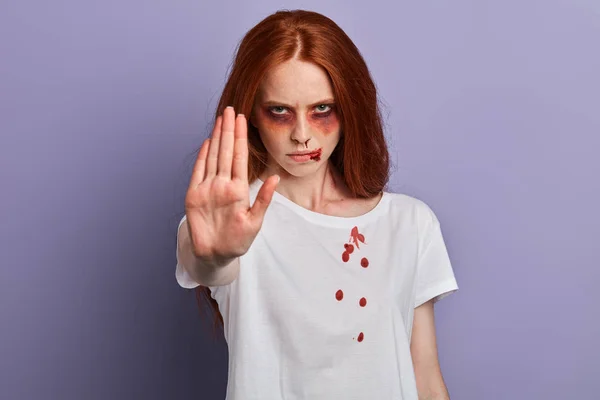 Awful girl truing to giving a fight on Halloween — Stock Photo, Image