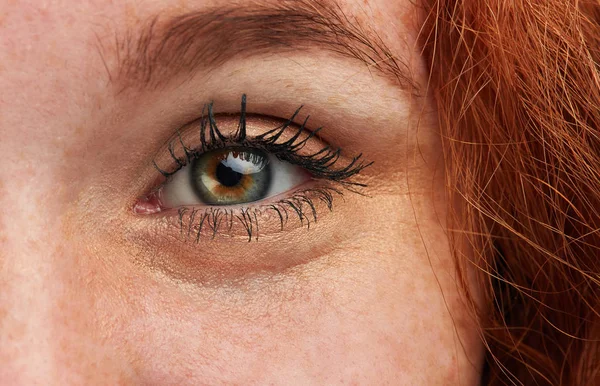 Menina de gengibre com aparência perfeita e olhos posando para a câmera — Fotografia de Stock