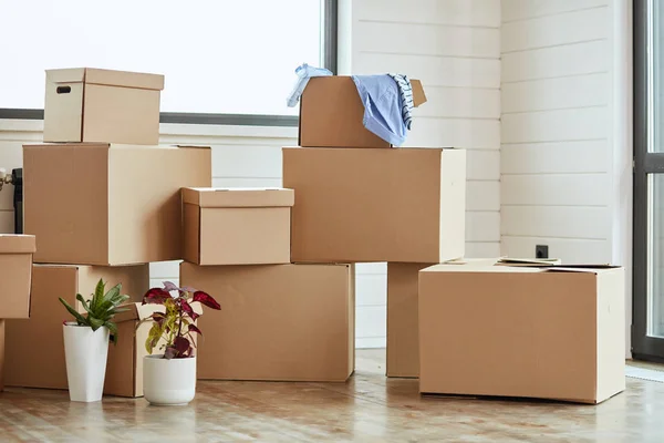 Karton kotak dengan barang-barang pribadi rumah tangga barang-barang di ruang tamu modern pada hari bergerak — Stok Foto
