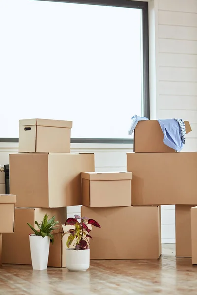 Cajas de cartón con pertenencias personales cosas del hogar en la sala de estar moderna en el día de mudanza —  Fotos de Stock