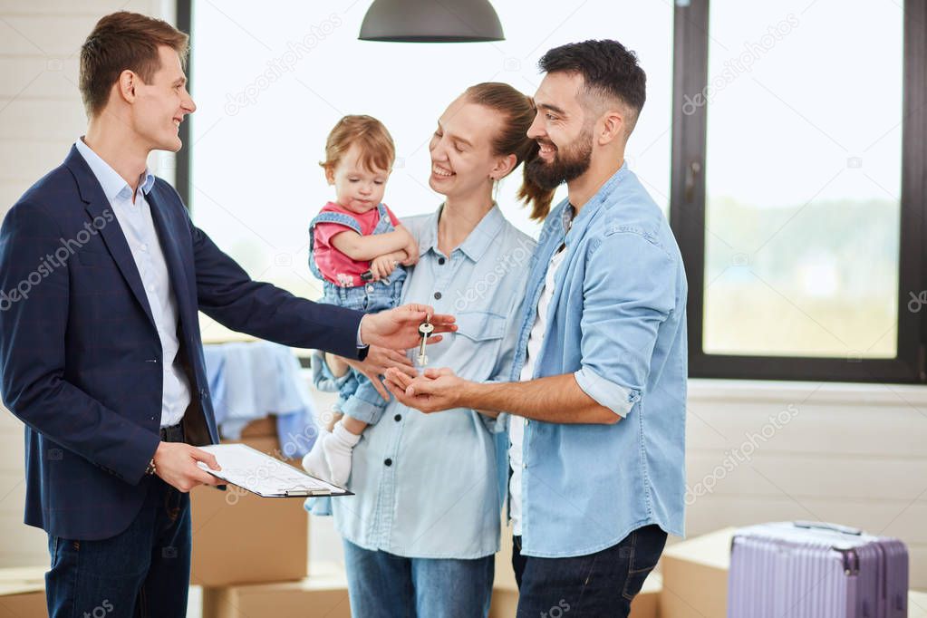 Caucasian family buy apartment with realtor