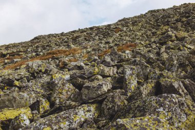 Güzel kayalık dağ manzarası, fotoğrafın arka planında mavi gökyüzü