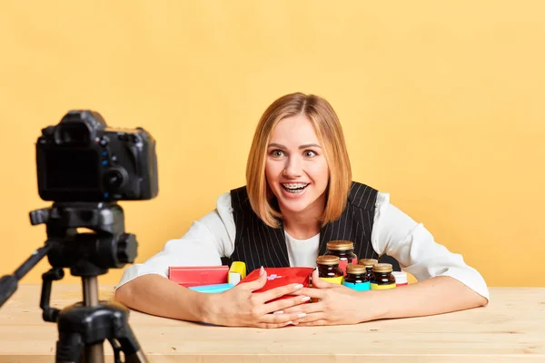Emotional dietitian records new video content about health and food supplements