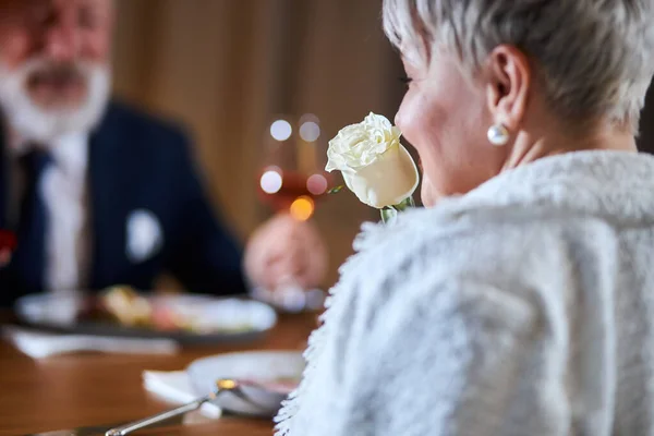 Elegante pareja de ancianos vestida con esmoquin y ropa blanca, mujer sosteniendo una rosa de San Valentín . — Foto de Stock