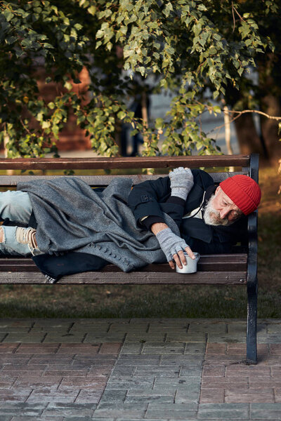 Poor homeless man lying on bench in cold weather