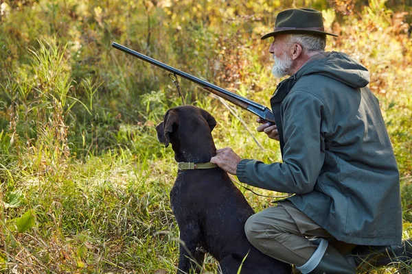 Hunter sosteniendo pistola con perro mira el bosque — Foto de Stock