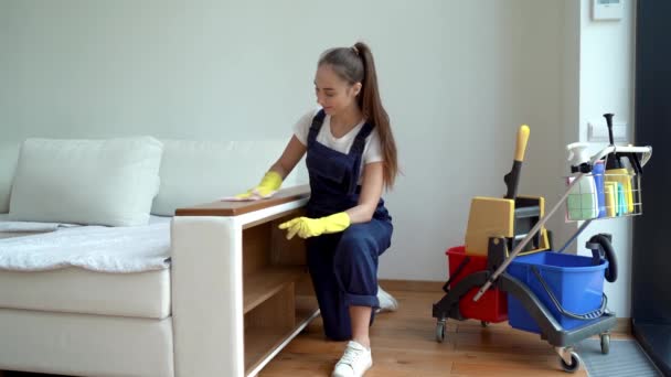 Улыбающаяся молодая девушка из компании по уборке вытирает пыль с белого дивана — стоковое видео