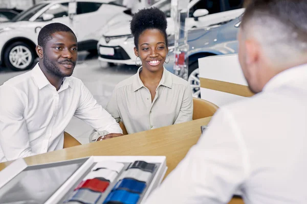 Portrait of adorable cute couple listening to dealership agent — Stock Photo, Image