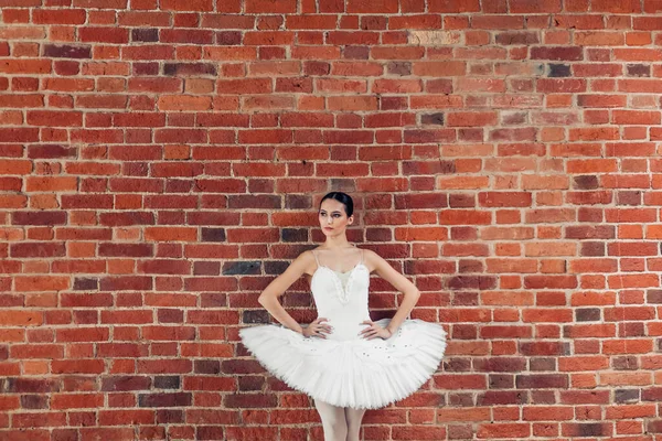 Pensieroso ballerino serio in abito di moda in piedi sopra la parete soppalco — Foto Stock