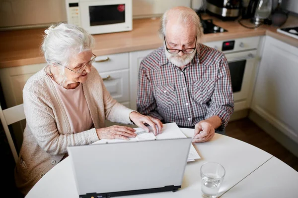 Sorridente coppia matura con documenti e laptop in casa interna — Foto Stock